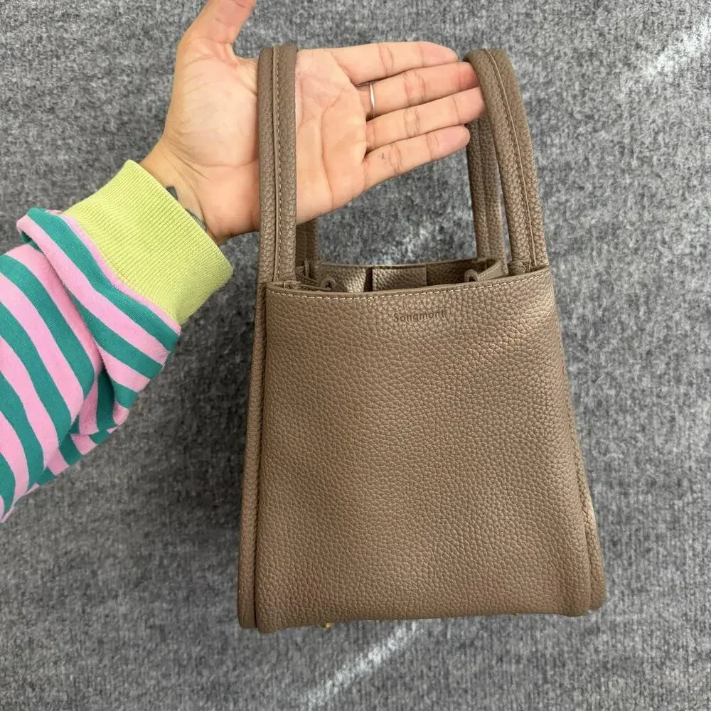 Songmont Mini Tote Bag in Taupe Pebbled Leather Top Handle Bucket Minimalist